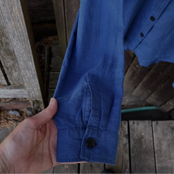 Rails Banks Military Patch Raw Edge Linen Blend Button Down Indigo Shirt Sz XS - Picture 9 of 16